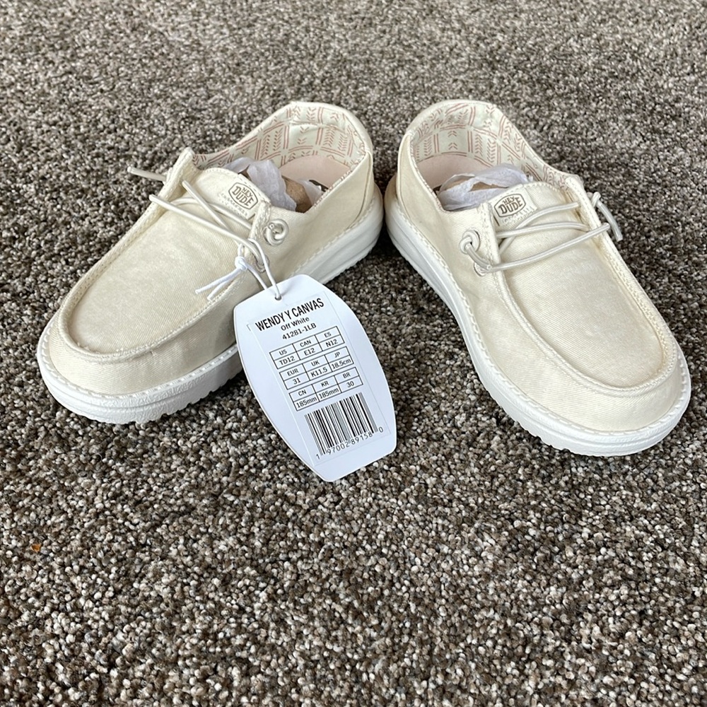 Hey Dude Wendy Y Canvas, off White youth slide on shoes, size 12